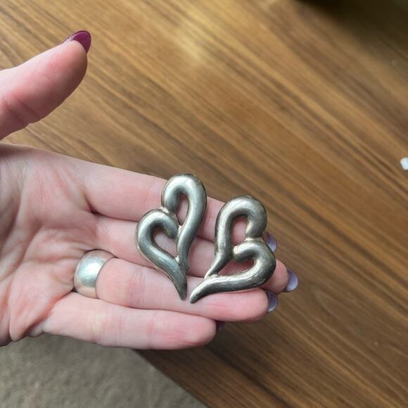 Vintage 80s MEXICO Hearts Large 925 Sterling Silver made in Mexico Earrings - Picture 4 of 5